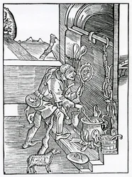 Of folys that stande so well in their owne conceyt that they thinke none so wyse, stronge, fayre, nor eloquent, as they ar themself, illustration from Alexander Barclay
